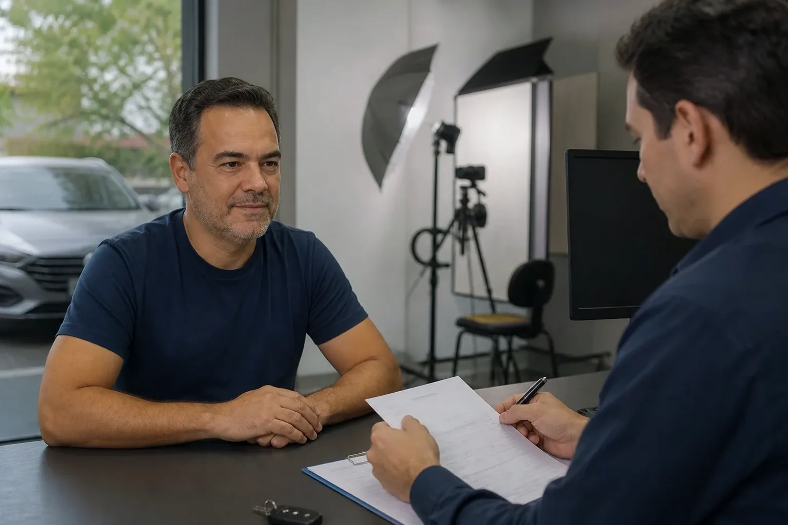 Cliente recebendo a documentação de renovação da CNH.