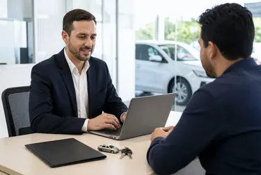 Cliente recebendo documentos de licenciamento de veículo.