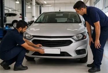 Profissional ajudando no emplacamento de um carro em um despachante.