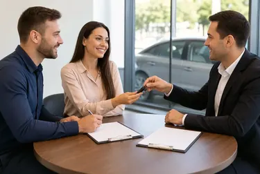 Profissional orientando cliente sobre transferência de veículo.