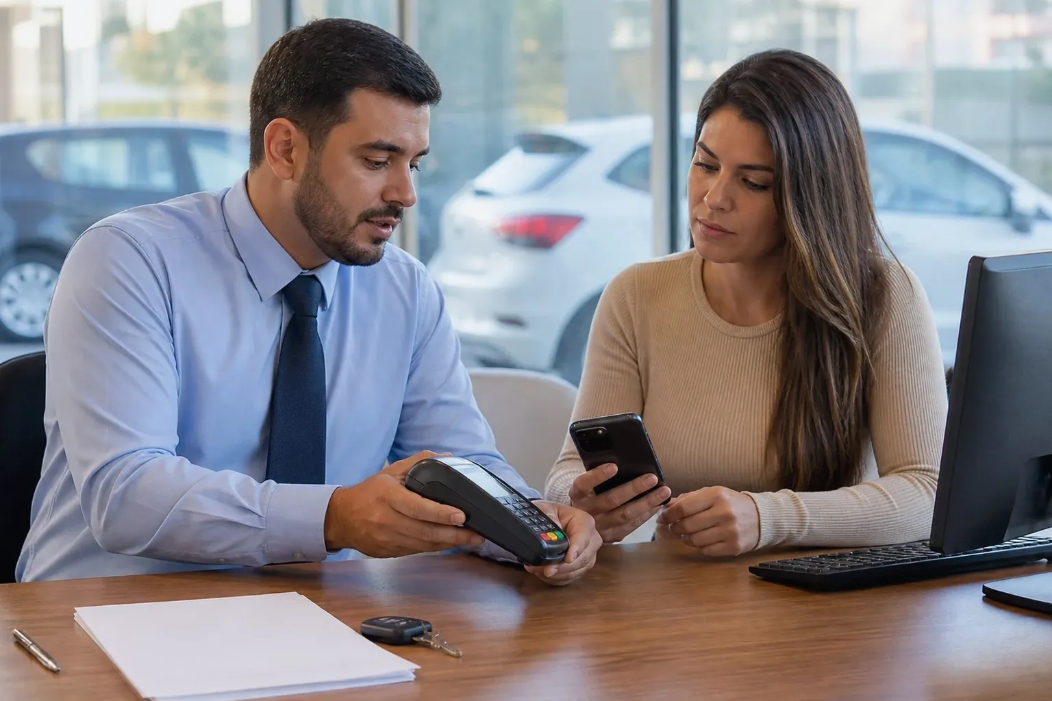 Profissional realizando pagamento de débitos para cliente.