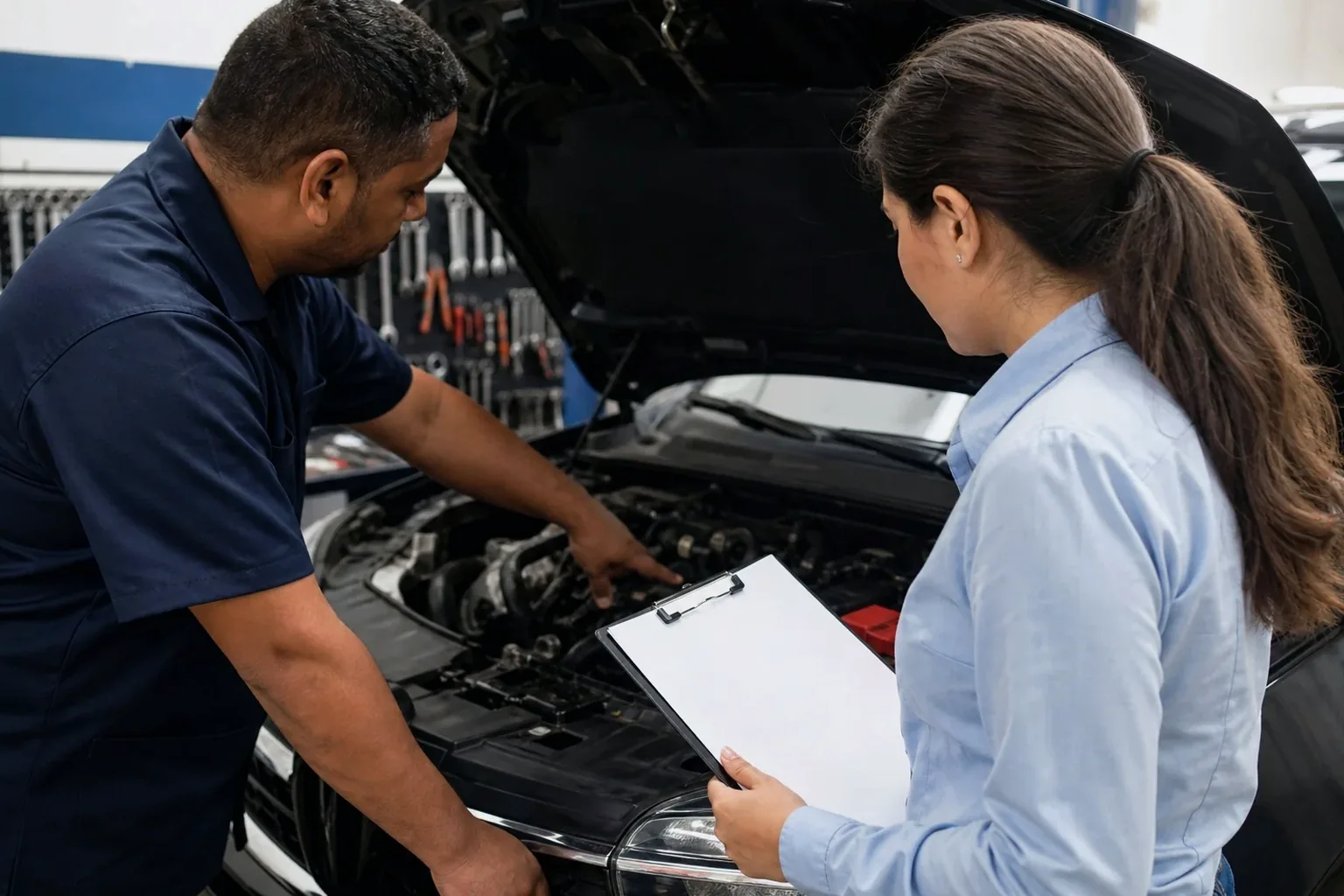 Profissional registrando informações de motor para cadastro.